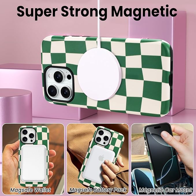 SOKAD Magnetic Checkered Phone Case for iPhone 16 Pro Max, Cute Grids Plaid Checkerboard Pattern Compatible with Magsafe Matte Protective Case Cover with Screen Protector for Girls Women, Green