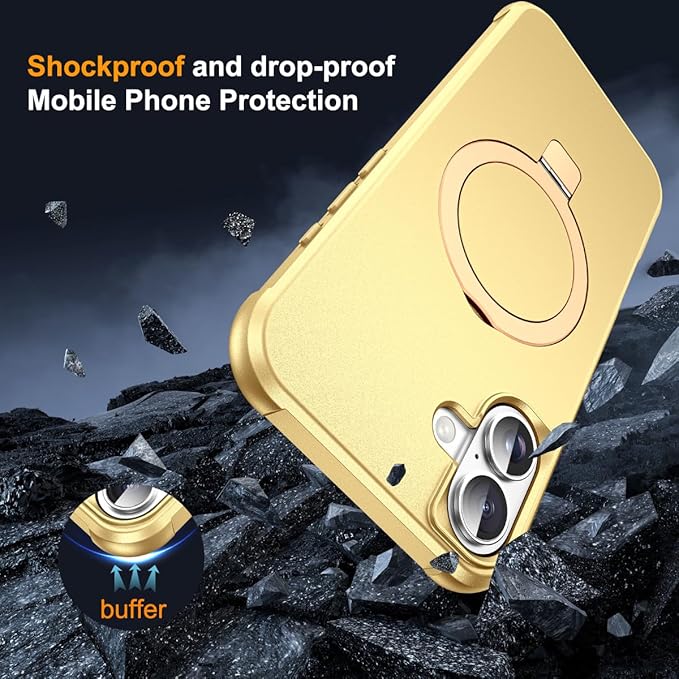 Compatible with iPhone 16 Case with Invisible Magnetic O-Ring Stand Military-Grade Case for iPhone 16 6.1" [Compatible with Mag-Safe][Great Grip Feeling], Gold