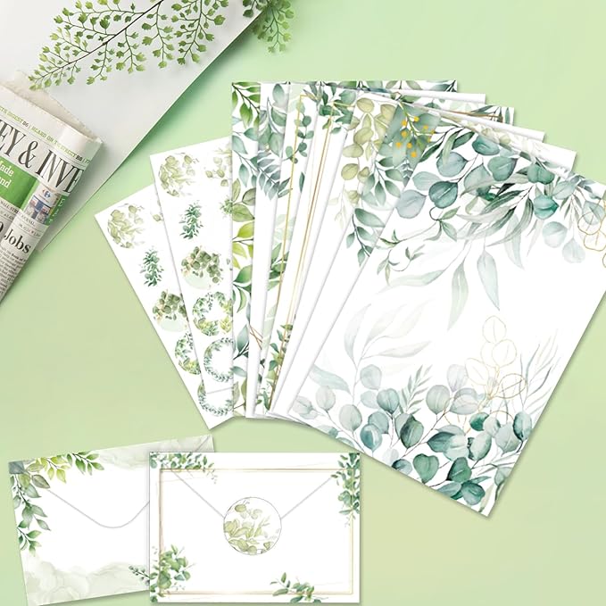 160 Pcs Stationery Paper Envelopes Set Includes 50 Writing Paper & 50 Envelopes with 60 Colorful Round Dot Stickers, Cute Vintage Tree Leaf Letter Writing Stationery Paper Envelopes(10Style)
