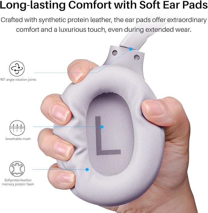 TOZO HT2 Hybrid Active Noise Cancelling Headphones, Wireless Over Ear Bluetooth Headset, 60H Playtime, Hi-Res Audio Custom EQ via App Deep Bass Comfort Fit Ear Cups, for Home Office Travel Purple