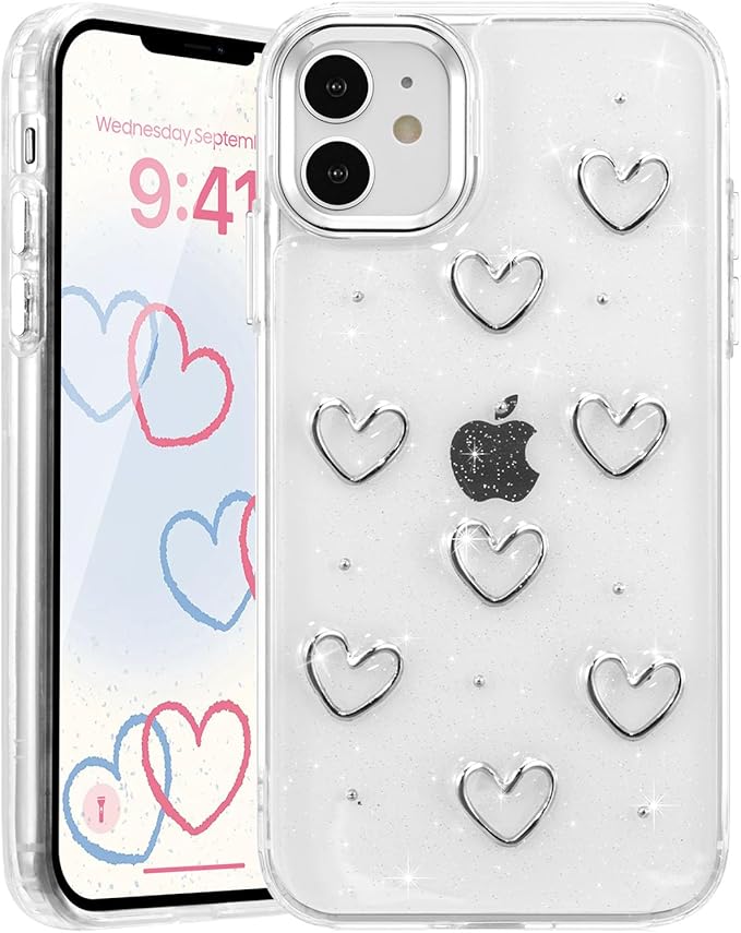 EYZUTAK Case for iPhone 12/iPhone 12 Pro, Bling Glitter 3D Hearts Phone Case Cute Sparkly Crystal Clear Heart Aesthetic Design Case Slim Soft Durable TPU Transparent Protective Cover for Women - Heart