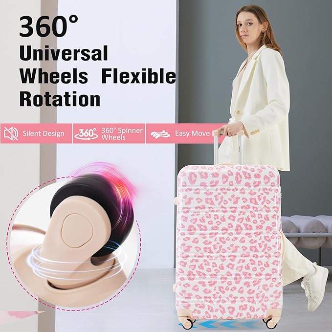 Merax Luggage Sets 3 Piece, Hardside Expandable Suitcase Set with Spinner Wheels, Lightweight Leopard Luggage 20+24+28 IN, Leopard Pink