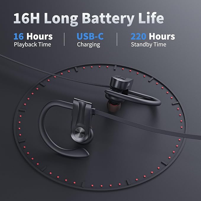 JOYWISE Bluetooth Headphones, Wireless Earbuds Bluetooth 5.3 Headphones with 16Hrs Playtime Stereo Bass Headsets, IPX7 Waterproof Running Earphones for Sports, Black