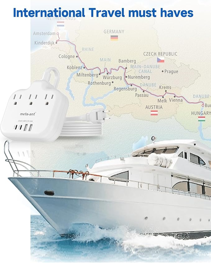 US to Japan Adapter, meta-ant 2 Prong to 3 Prong Outlet Adapter with 3 Outlets & 4 USB(2 USB-C), 5FT Extension Cord, 180 Rotating Flat Plug 1875W, Type A Plug Adapter for USA to Japanese China Canada