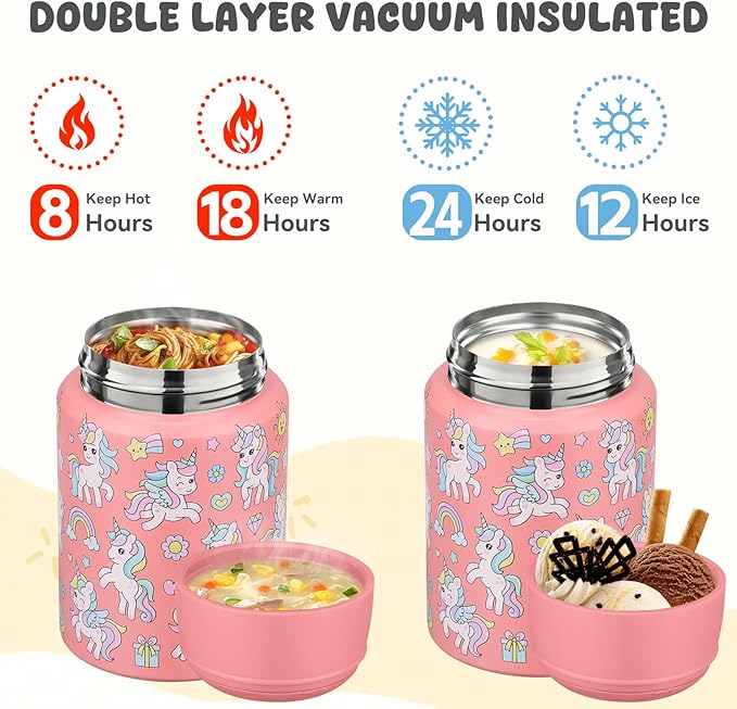 17oz Soup Thermo for Hot Food Kids Insulated Food Jar,Thermo Hot Food Lunch Container, Width Mouth Stainless Steel Lunch Box for Kids with Handle Folding Spoon (Pink-Unicorn)