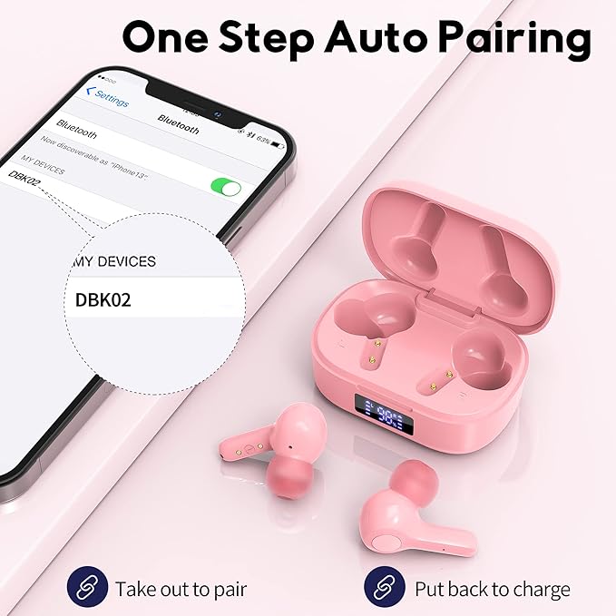 MOZOTER Bluetooth 5.3 Wireless Earbuds,Deep Bass Loud Sound Clear Call Noise Cancelling with 4 Microphones in-Ear Headphones with Wireless Charging Case Compatible for iPhone Android,Work -Pink01