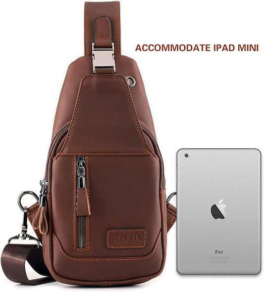 YUAN FAN Leather Sling Bag for Men,Chest Shoulder CrossBody Concealed Carry Bag Man Purse Travel Wander Plus Anti Theft Bag