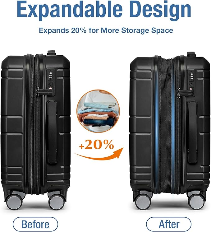 KYME Carry On Luggage 22x14x9 Airline Approved with TSA Lock Hard Shell Carry On Suitcase Lightweight Suitcases with Wheels Small Luggage for Men Women,Carry-On 20 Inch,Black