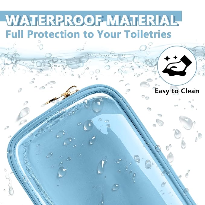 Clear Small Makeup Bag with Zipper, Nylon&PVC Cosmetic Travel Bag Preppy TSA Approved Toiletry Bag for Women Girls, Transparent Waterproof Makeup Pouches Cute Travel Bag for Purse(Small-Blue)