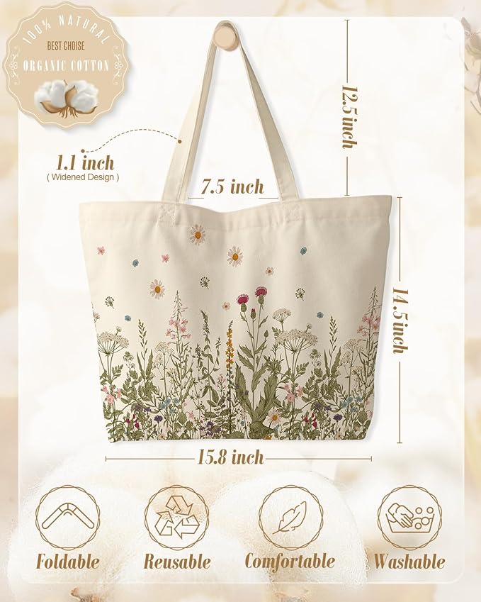 Large Tote Bag for Women - Canvas Tote Bag with Zipper Aesthetic Reusable Shoulder Bag for Gym, Travel, Work