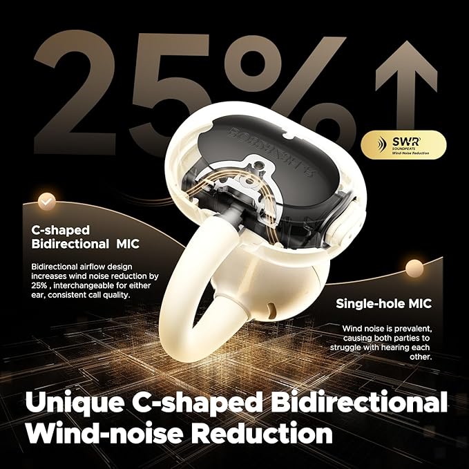 SoundPEATS POP Clip Wireless Open Ear Earbuds, Button Control, Lightweight Comfort Headphones, 30H Playtime, IPX5 Waterproof, Bluetooth 5.4 Immersive Audio Earphones for Sports Running Working, Beige