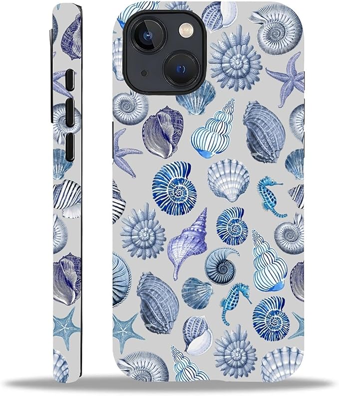 Case for iPhone 13 iPhone 14,Summer Beachy Seashell for Woman Men Full Body Protective Cover Shockproof 2 in 1 Silicone + Hard PC Design Case