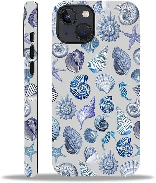 Case for iPhone 13 iPhone 14,Summer Beachy Seashell for Woman Men Full Body Protective Cover Shockproof 2 in 1 Silicone + Hard PC Design Case