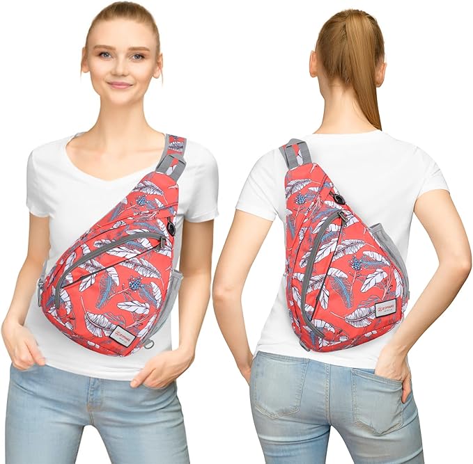 ZOMAKE Sling Bag,Small Crossbody Sling Backpack,Water Resistant Shoulder Daypack for Travel,Anti Thief Chest Bag for Hiking(Orange White Leaf)