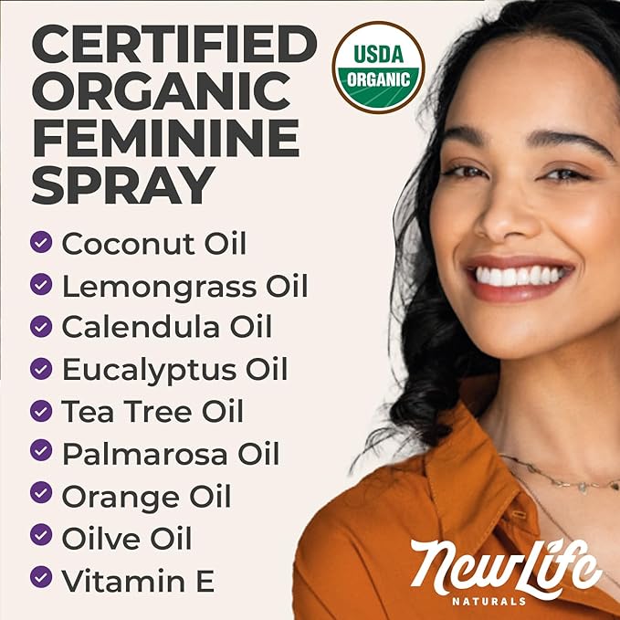 NewLife Naturals Certified Organic Menopause Support Deodorant Vulva Spray - All Natural Feminine Spray for Odor Control, Itching, Dryness, Irritation - Citrus Scent - 2 Oz