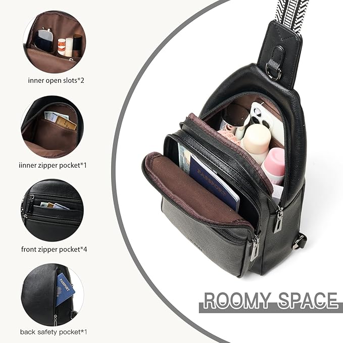 Sling Bag for Women Cross Body Bags Fanny Packs Shoulder Bag Sling Backpack Vegan Leather Trendy Travel Purses Black