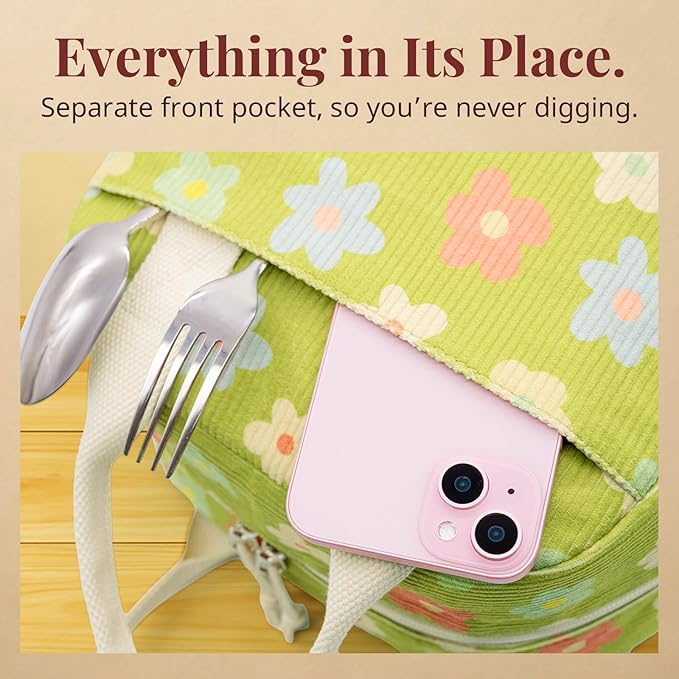 Insulated Floral Green Lunch Bag for Women, Corduroy Tote with Aluminum Lining, Large Capacity Reusable Cooler for Work, Travel, Beach or Picnic, Floral Pattern Water-Resistant Lunch Box