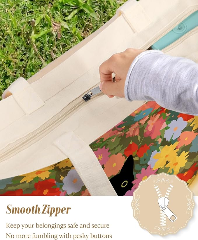 Large Tote Bag for Women - Canvas Tote Bag with Zipper Aesthetic Reusable Shoulder Bag for Gym, Travel, Work