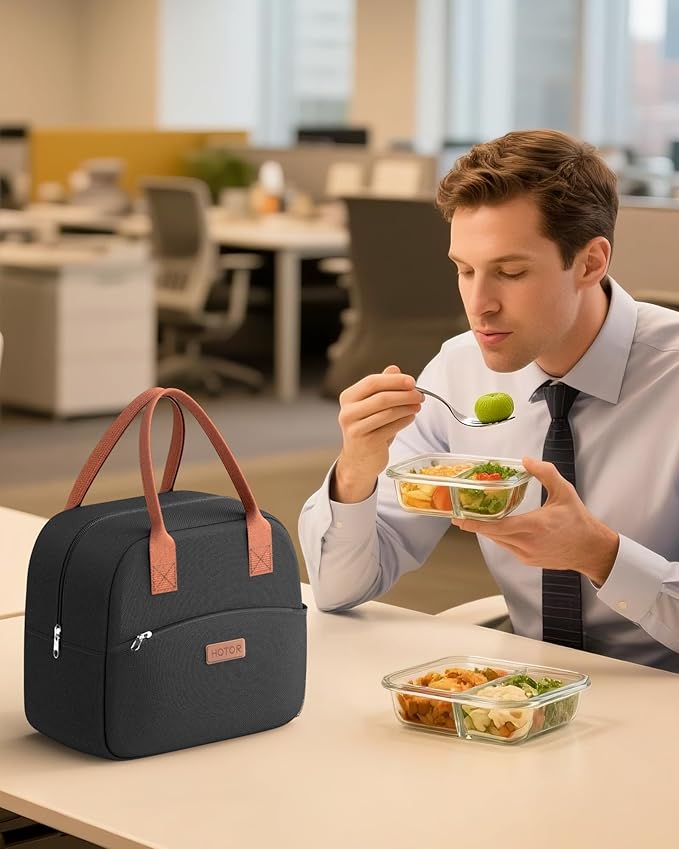 HOTOR Lunch Bag for Women & Men - Wear-Resistant & Leak-Proof Insulated Lunch Box with Large Capacity, Multi-Functional Cooler Bag for Office, Picnic, Black, 10L,10.60" x 5.90" x 9.50"