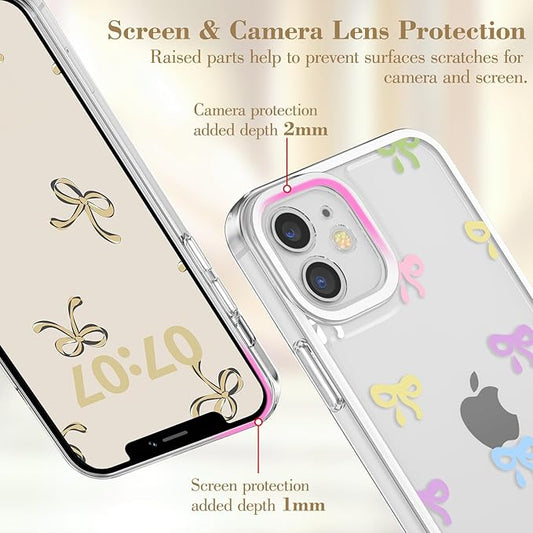 EYZUTAK Case for iPhone 12, Clear Cute Ribbon Bowknot Pattern Aesthetic Transparent Phone Case Raised Camera Protection Stylish Slim Soft Durable TPU Protective Cover for Women Girls - Colorful