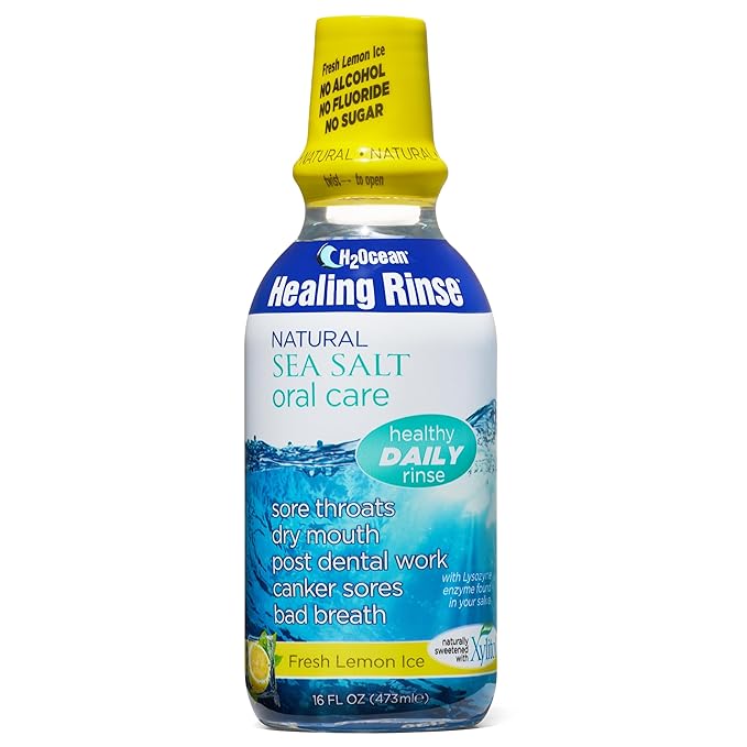 H2Ocean Healing Rinse Natural Sea Salt Oral Care - Mouth Rinse for Oral Care - Great for Piercings, Sore Throats & Gum Health - Alcohol- & Fluoride-Free Mouthwash - Lemon Ice, 16 oz