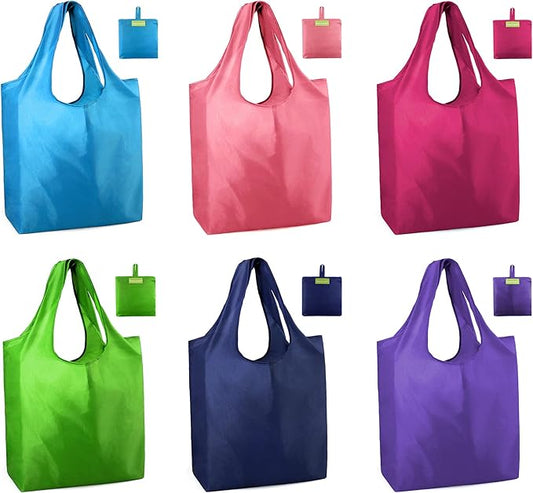 BeeGreen Colorful Reusable Grocery Bags 6 Pack, Heavy Duty Totes for Women, Foldable Grocery Bag Large Shopping Totes with Handles for Work, Travel, Gift, Store, Polyester Washable Reusable Tote Bag