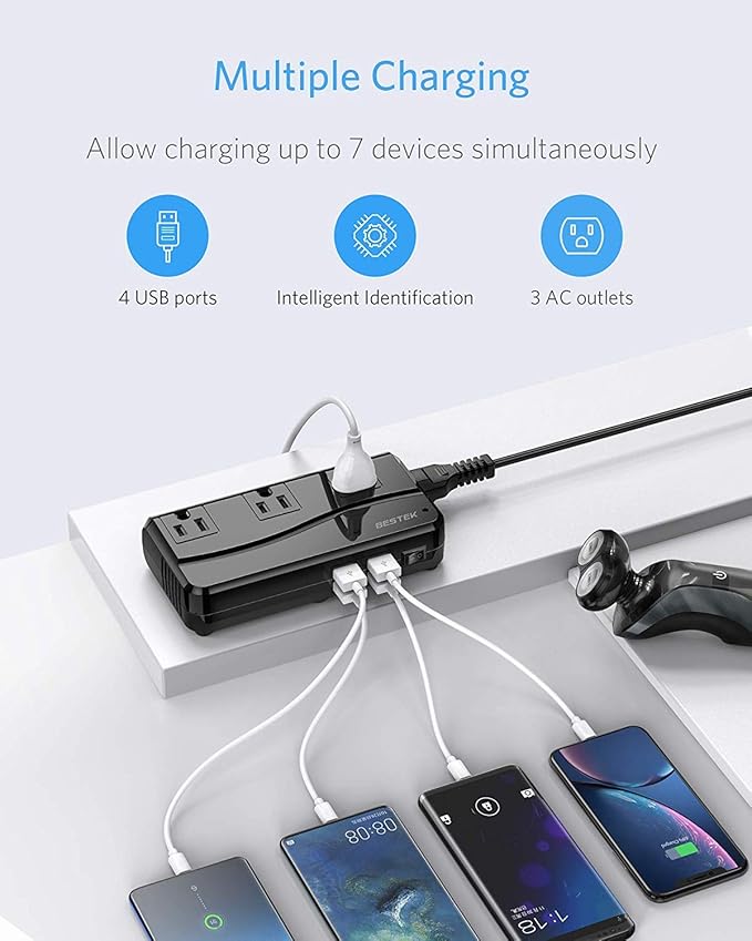 BESTEK Universal Travel Adapter 100-220V to 110V Voltage Converter 250W with 6A 4-Port USB Charging 3 AC Sockets and EU/UK/AU/US/India Worldwide Plug Adapter (Black)