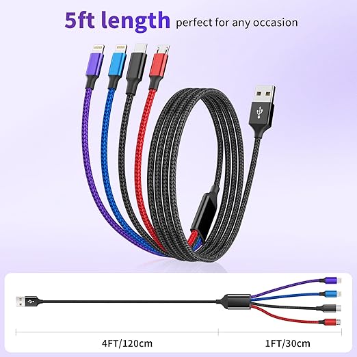 Dual IP 4 in 1 Multi Charging Cable [1Pack 5FT], Nylon 4 in 1 Charging Cable, Multi Chargers for All Devices with IP/IP/Type C/Micro Port, Compatible with Most Cell Phones/Tablets and More
