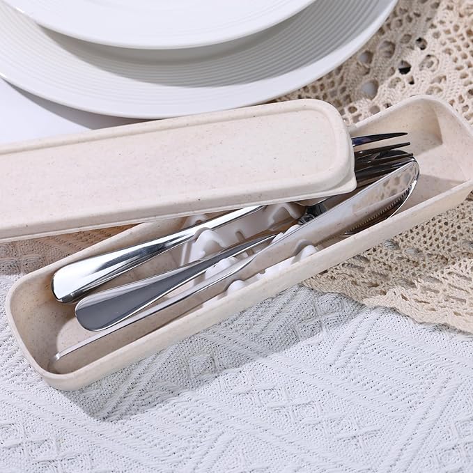 HANSGO 3PCS Portable Utensils Set with Case, Travel Cutlery Set Stainless Steel Utensils Reusable Silverware for Lunch Camping School Picnic Office Dishwasher Safe Beige