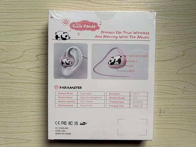 BANIGIPA Kids Headphones, Open Ear Headphones w/Cute Panda, Wireless Bluetooth 5.4 Headset w/Mic for Home School Traveling, 13g Ultra-Light Comfort, Protection Hearing, IPX4 Waterproof, 10H Playtime