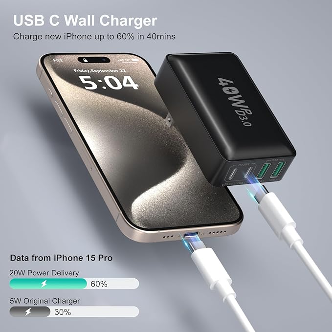 Excgood USB C Charger Block 40W, 4-Port Flat USB Wall Charger Adapter Multiport Dual PD+QC Foldable Slim Fast Charging Plug Compatible for iPhone 16 15 Pro Max 14 13 iPad Watch Galaxy S23,2Pack Black