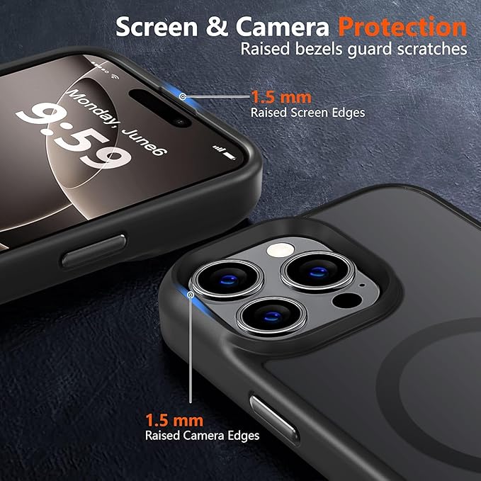 MOCCA Strong Magnetic for iPhone 16 Pro Phone Case, [Compatible with Magsafe][16FT Mil-Grade Drop Protection] Slim Thin Translucent Matte Protective Cover Case for iPhone 16 Pro Case, Black