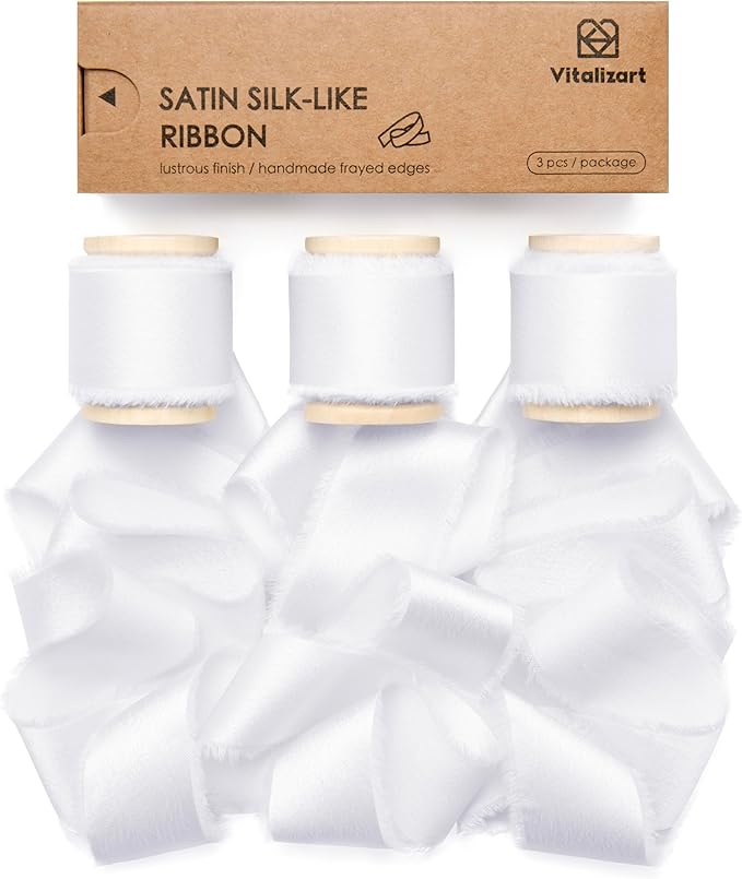 Vitalizart Silk Satin Ribbon 1 inch x 15 Yard Off White Handmade Frayed Ribbons for Gift Wrapping Baby Shower Wedding Bridal Bouquets Holiday Decor
