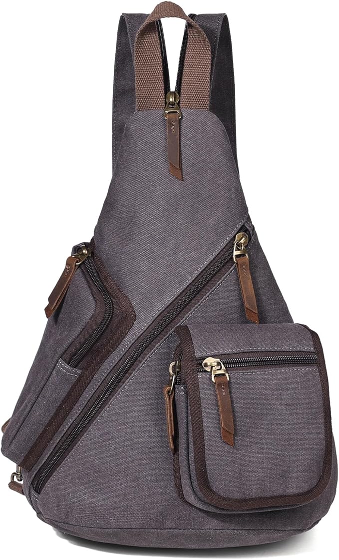 KL928 Canvas Sling Bag - Casual Crossbody Shoulder Daypack Rucksack Backpack for Men Women, Dark Grey