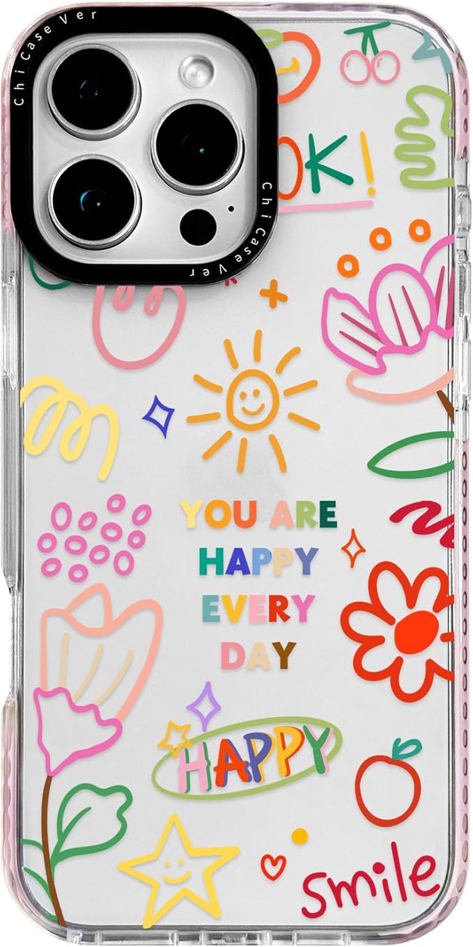 for iPhone 16 Plus Case, Doodle Happy Collage Pattern, Military-Grade Drop Protection, Cute Soft Slim TPU Protective Cover with Camera Lens Protection for Women & Girls