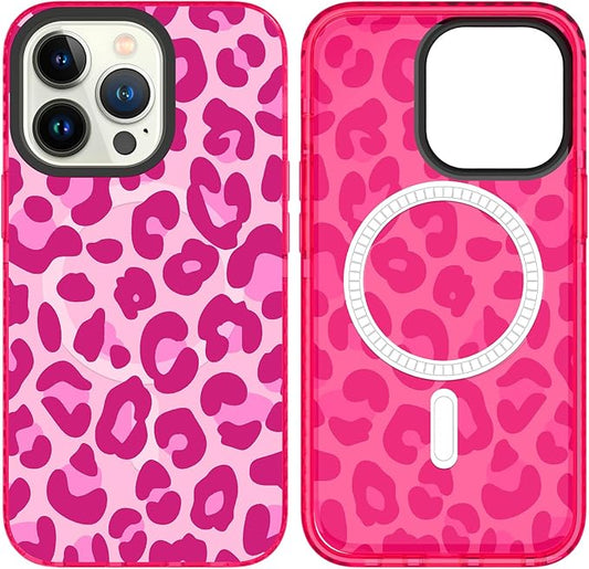 SAKUULO Magnetic for iPhone 14 Pro Case Hot Pink Leopard Print Pattern [Compatible with MagSafe] Wireless Charge Strengthen Protection Cover, Hot Pink Leopard (6.1")