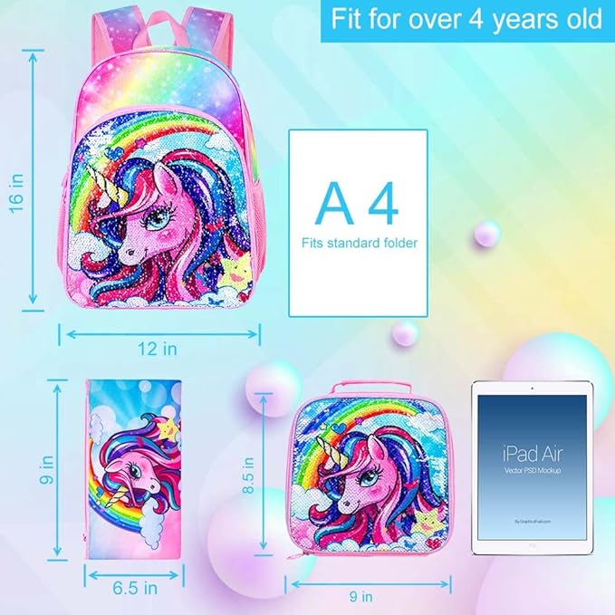 3PCS Unicorn Backpack, 16" Girls Rainbow Sequins Kids Bookbag with Lunch Box, School Bags for Elementary Preschool Kindergarten - Pink