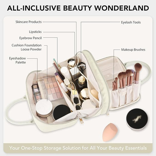 Travel Makeup Bag for Women Fashion Large Capacity Pouch Open Flat Cosmetic Portable Organizer Waterproof Large Opening Storage Toiletry Bags Vertical Free-Standing Brush Holder for Easy Access Beige