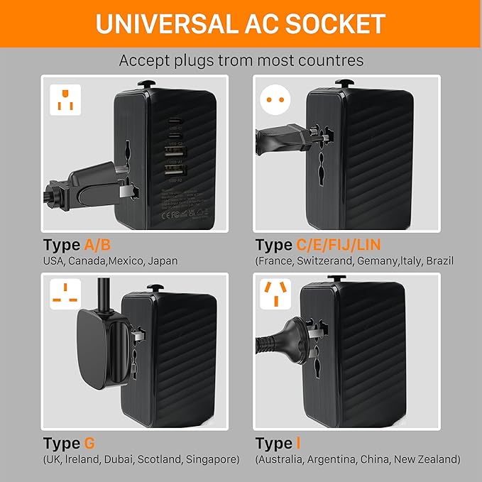 Universal Travel Plug Adapter Worldwide with 2 USB C and 2 USB A Ports, Travel Accessories Travel Charger International Travel Adapter Plug Travel Essentials USA to UK Europe Australia (Black, 17W)