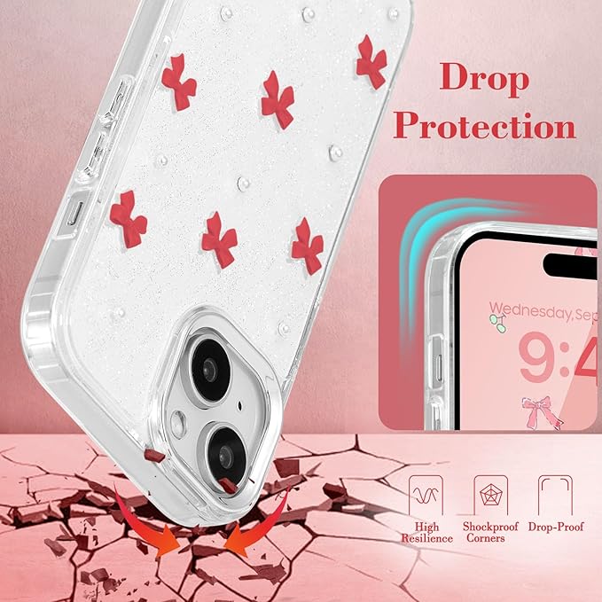 EYZUTAK Case for iPhone 13/iPhone 14, Bling Glitter 3D Bowknot Phone Case Cute Sparkly Crystal Clear Bow Aesthetic Case Slim Soft Durable TPU Transparent Protective Cover for Women Girls - Red Bow