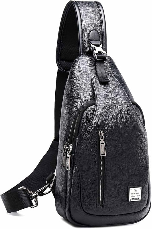 Small Sling Bag Crossbody Backpack Over the Shoulder Bag for Men Women Travel Outdoors, Lightweight Chest Pack (Small, PU leather)