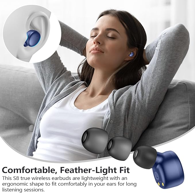 MOZOTER S8 Mini Wireless Earbuds Bluetooth 5.3 in Ear Light-Weight Headphones,60Hrs Playtime Ear Buds with Charging Case,Built-in Microphone Headset,Premium Sound with Deep Bass for Sport-Blue