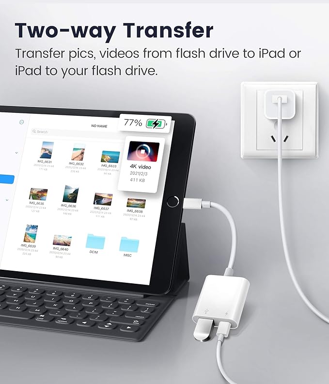 USB Adapter for iPhone/iPad, LᎥghtnᎥng to USB Female OTG Adpater,USB3 to iPad Adapter with Charging Port,Supports FlashDrives,MIDI,SD Card Reader and Mouse,Plug&Play