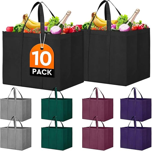 WISELIFE Reusable Grocery Shopping Bags 10 Pack Large Foldable Tote Bags Bulk,Eco Produce Bags with Long Handle for Shopping Groceries Clothes(5 Assorted Colors)
