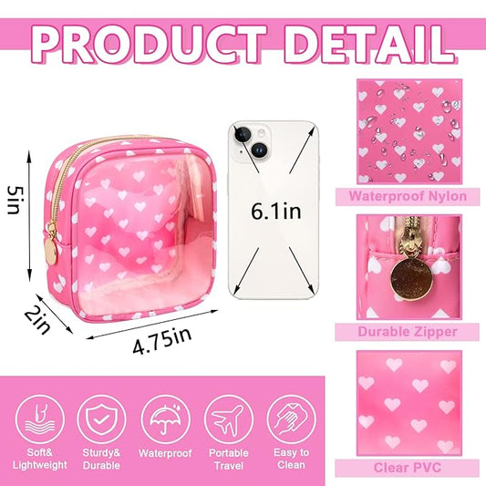 Clear Mini Makeup Bag for Purse, Small Nylon&PVC Cosmetic Travel Bag TSA Approved Toiletry Bag with Zipper, Preppy Transparent Makeup Travel Bag Coin Purse for Women Men Girls(Mini-Pink Heart)