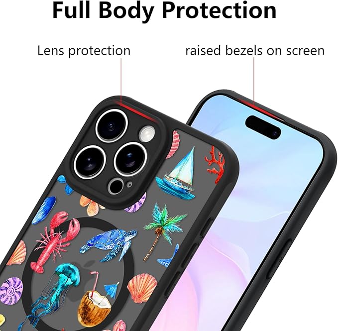 KANGHAR Case for iPhone 16 Pro Max [Compatible with Magsafe] Cute Flower Floral Sea Turtles Coconuts Jellyfish Collage Summer Pattern Protective Magnetic Case for Girls Women 6.9"