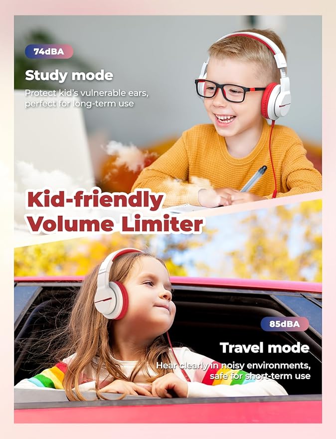 iClever HS19 Kids Headphones with Microphone, 74/85dBA Volume Limiter - Shareport - Over Ear Stereo Headphones for Kids Boys Girls, Foldable 3.5mm Jack Wired Headphone for iPad/School/Travel, White