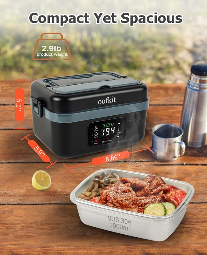 Electric Lunch Box For Adults(Men & Women),Heated Lunch Box Battery Powered With USB Charge port,Self Heating Coreless,Portable Food Warmer For meals on the go(1L Black)