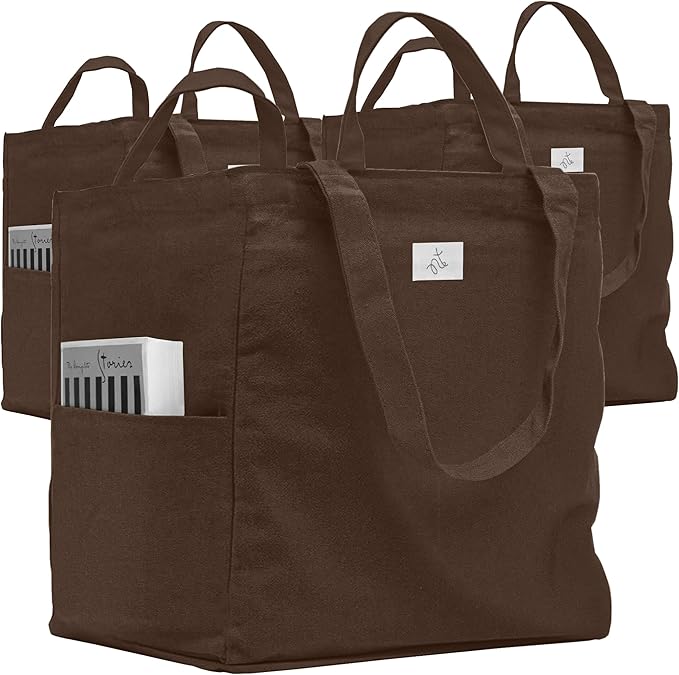 Heavy Duty Reusable Grocery Bags - 100% Cotton 12Oz Canvas Grocery Bags with Handles, Large Kitchen Grocery Bags, Reusable Shopping Bags for Groceries, Grocery Tote Bag, Foldable Market Bag (Mocha)