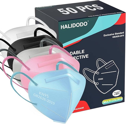 HALIDODO 50 Packs KN95 Face Mask 5-Ply Breathable & Comfortable Filter Safety Mask (50PCS-MTC III Color)